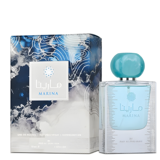 Marina Perfume 50ml EDP Ard Al Zaafaran with light blue bottle and ocean themed box packaging