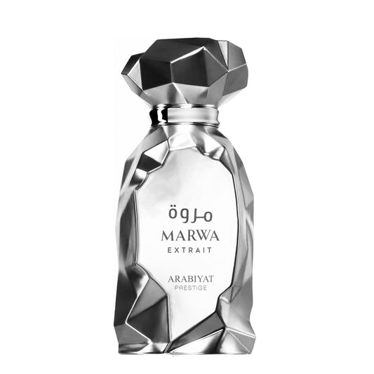A faceted silver perfume bottle with a geometric cap, labeled MARWA EXTRAIT and ARABIYAT PRESTIGE, on a plain white background.