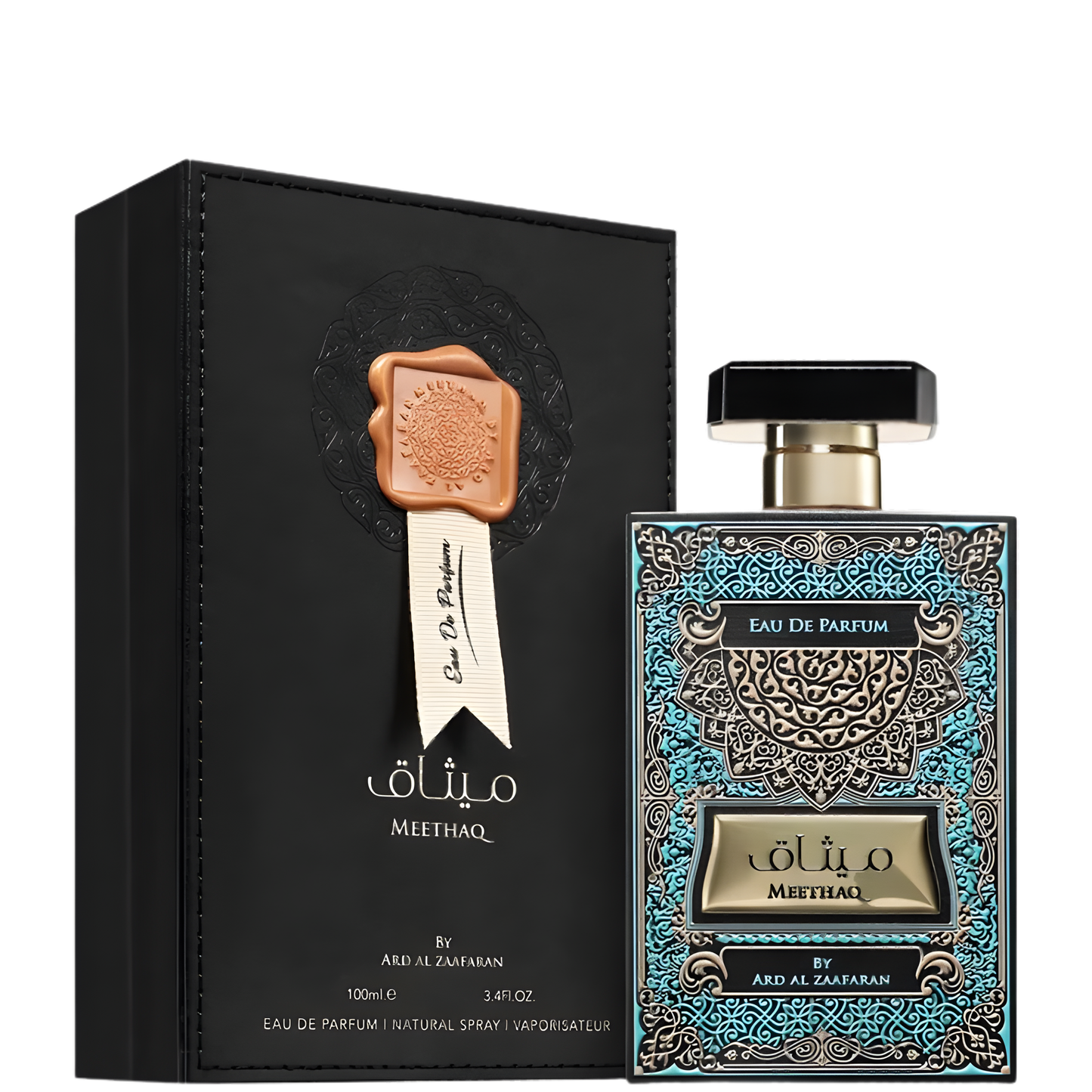 Meethaq Perfume 100ml EDP Ard Al Zaafaran with ornate turquoise bottle and black box packaging