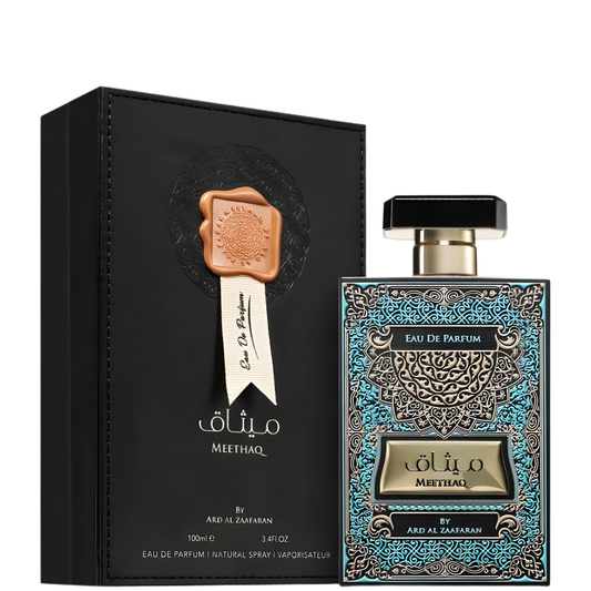 Meethaq Perfume 100ml EDP Ard Al Zaafaran with ornate turquoise bottle and black box packaging