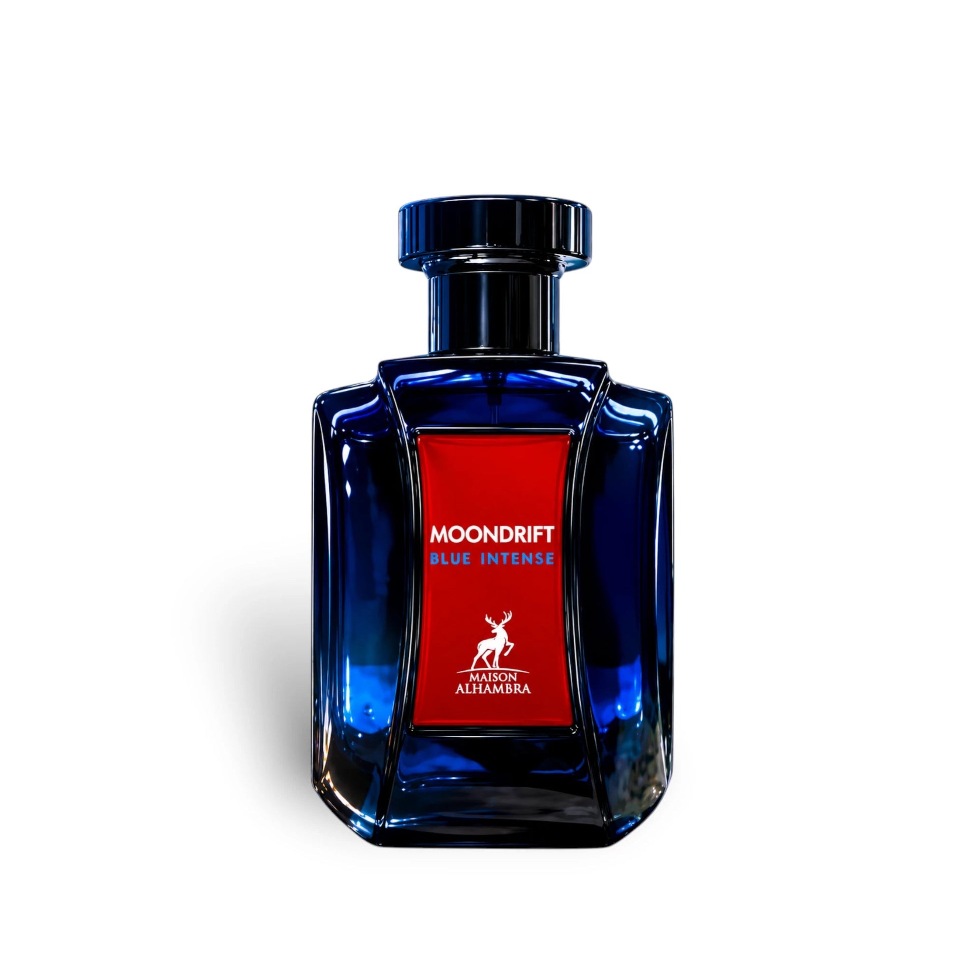 Moondrift Blue perfume bottle with red label on a white background