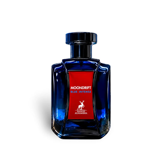Moondrift Blue perfume bottle with red label on a white background