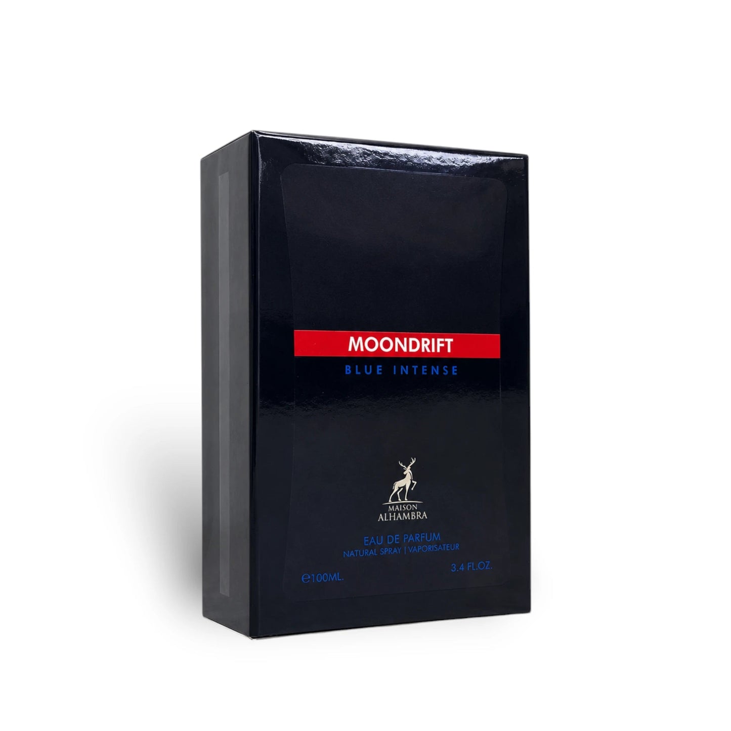 Black box of Alhambra Moondrift Blue Intense perfume on a white background