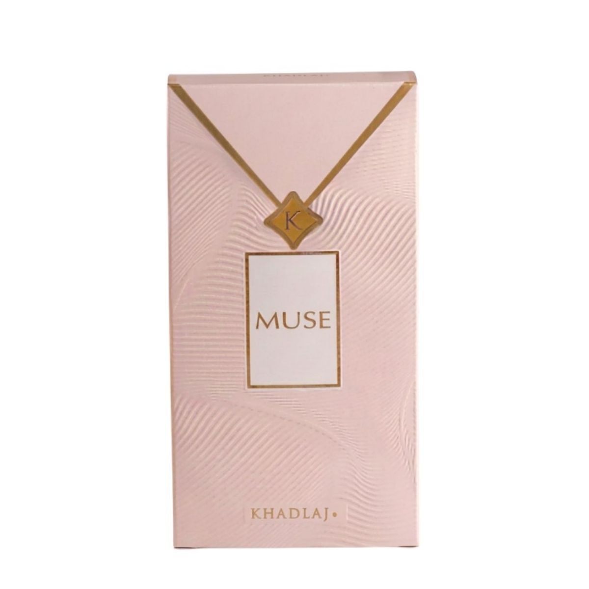 Pink rectangular perfume box with gold lines and a central white label reading 'MUSE', with 'KHADLAJ' at the bottom and a gold pendant graphic above.