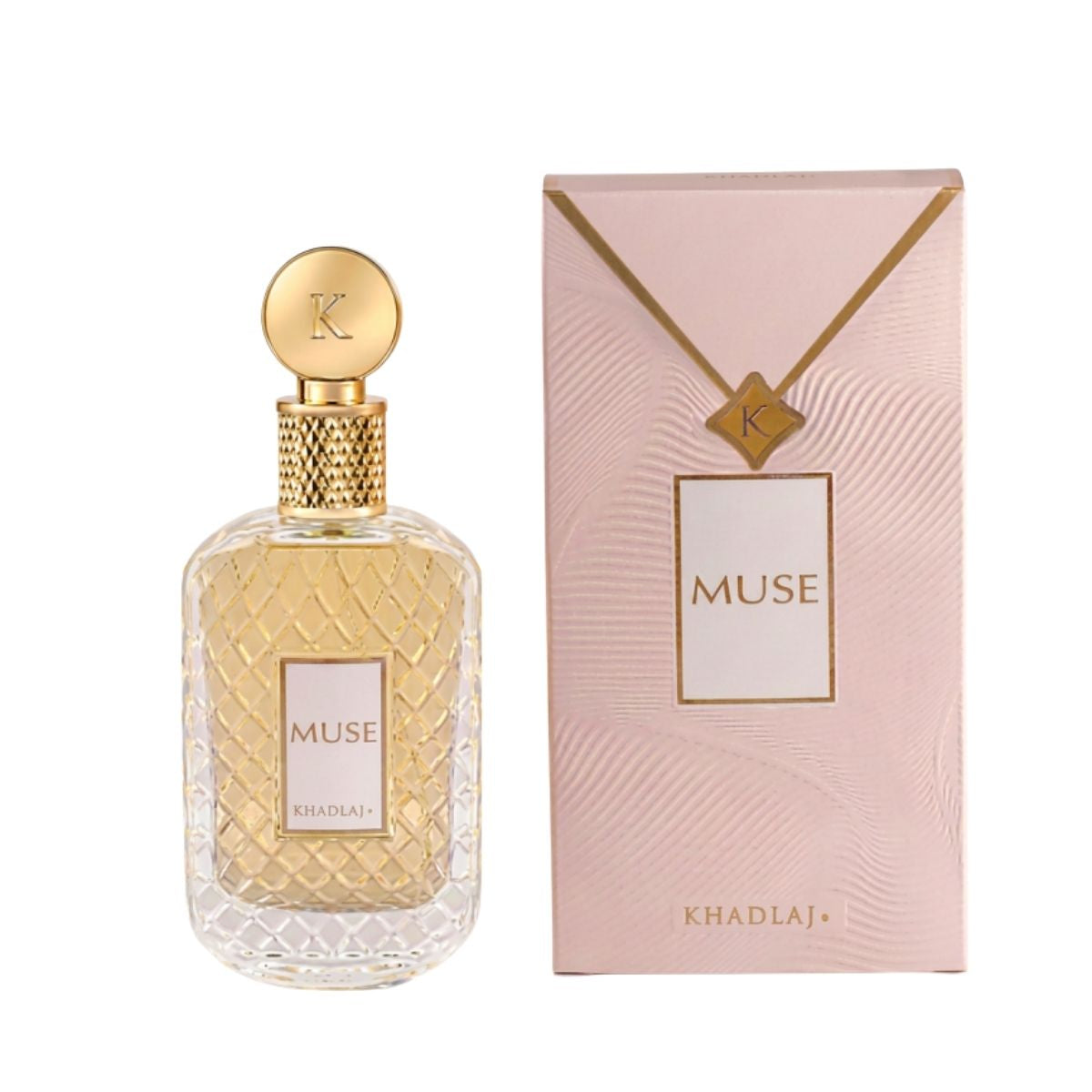 A bottle of KhadlaJ Muse perfume next to its pink packaging box, both featuring gold lettering and a gold pendant design on a white background.