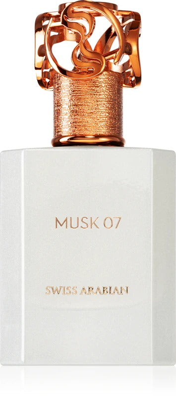 Swiss Arabian Musk 07 perfume bottle with a white base and bronze cap on a white background