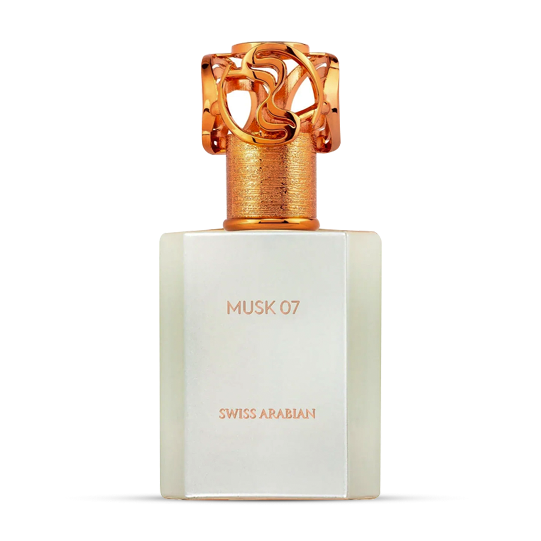 Swiss Arabian Musk 07 perfume bottle with a frosted white rectangular body and a metallic gold cap featuring an intricate interlocking design, shown on a white background.