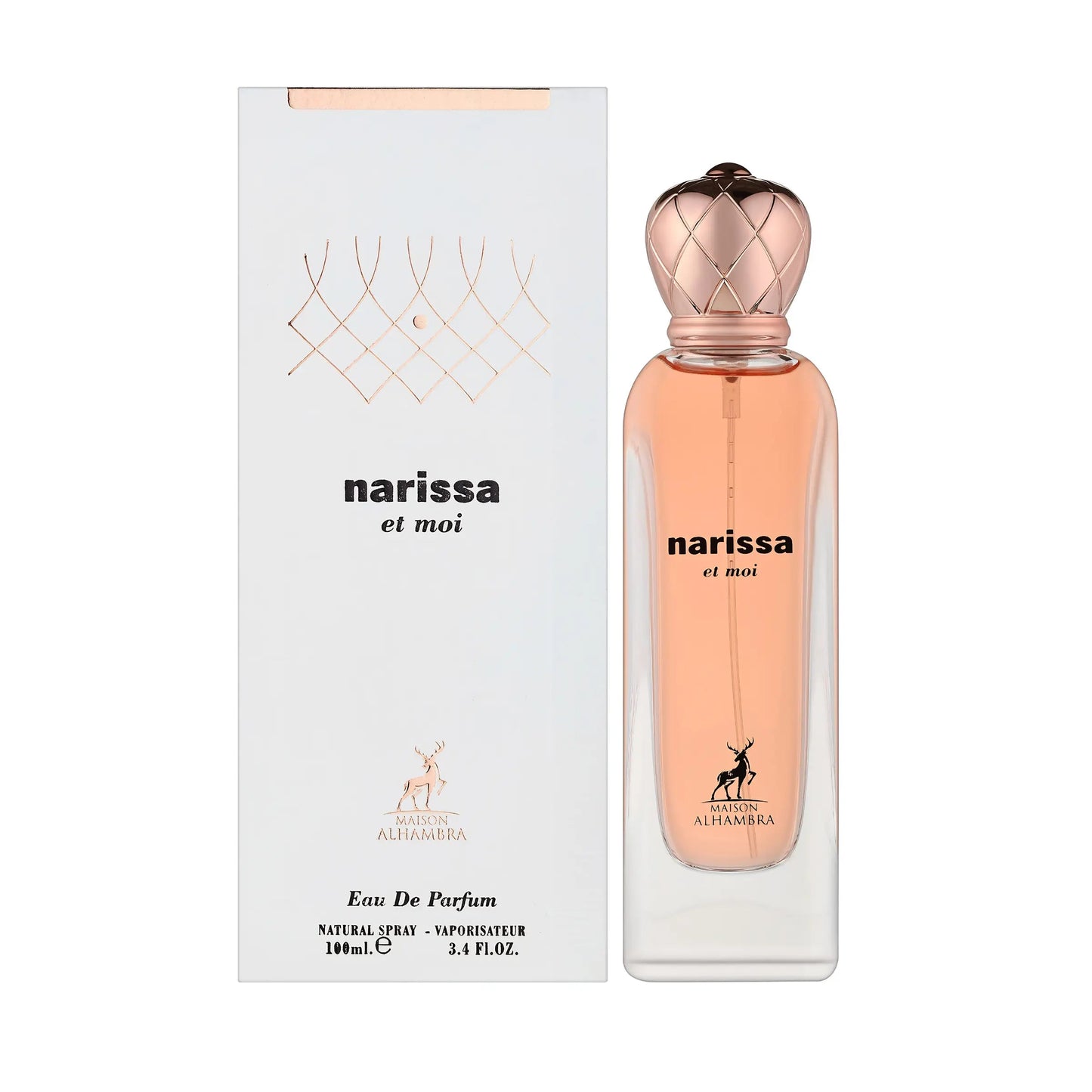 Narissa et moi Eau De Parfum by Allamara, featuring a clear glass bottle filled with peach-colored liquid and a metallic rose gold cap, next to its white packaging box with rose gold details.