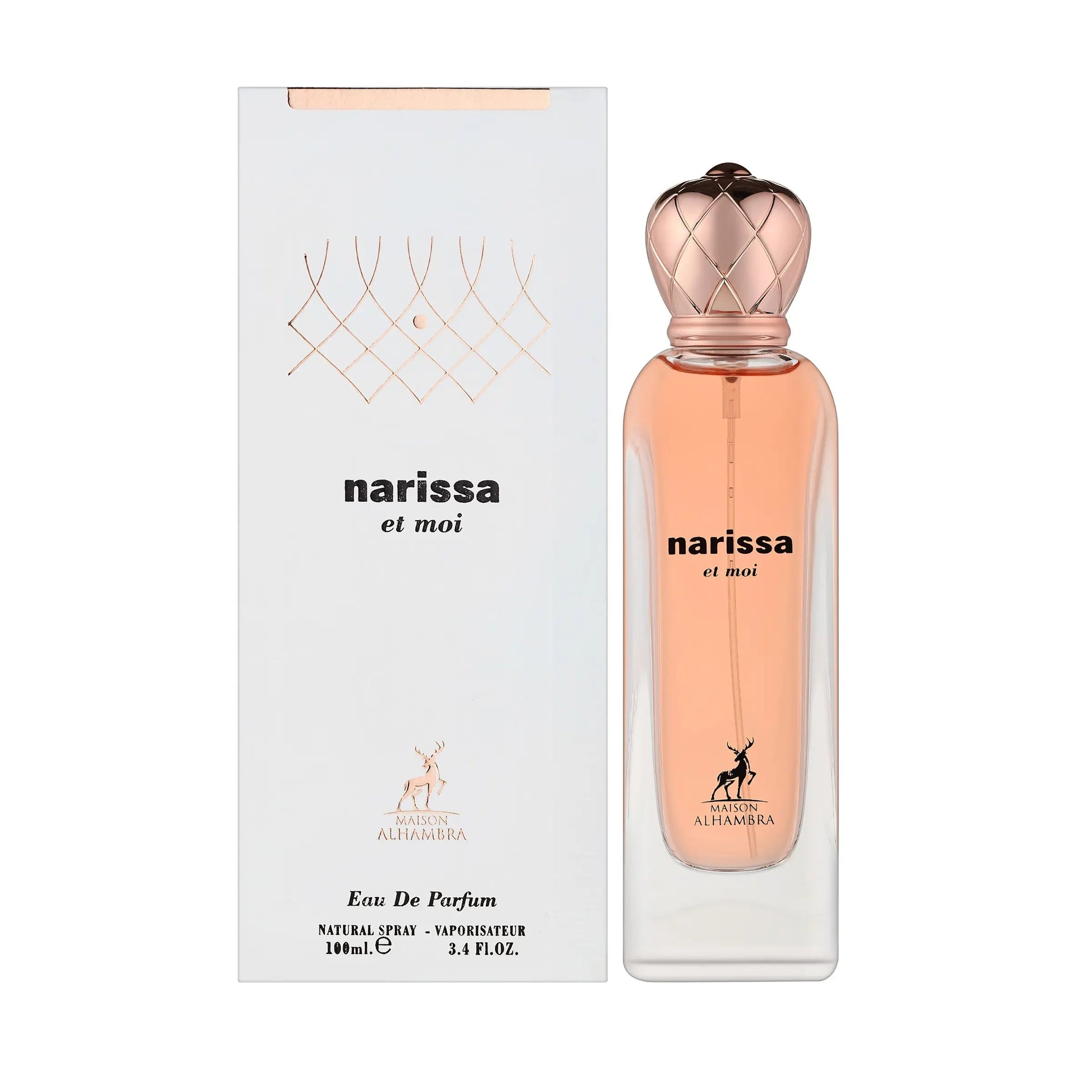 Narissa et moi Eau De Parfum by Allamara, featuring a clear glass bottle filled with peach-colored liquid and a metallic rose gold cap, next to its white packaging box with rose gold details.