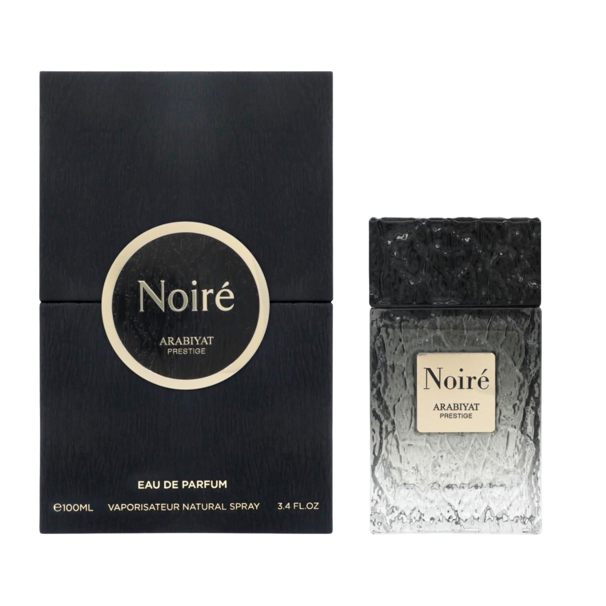 Noiré Arabiyat Prestüe Eau de Parfum shown with its black box packaging and the textured glass spray bottle on a plain white background.