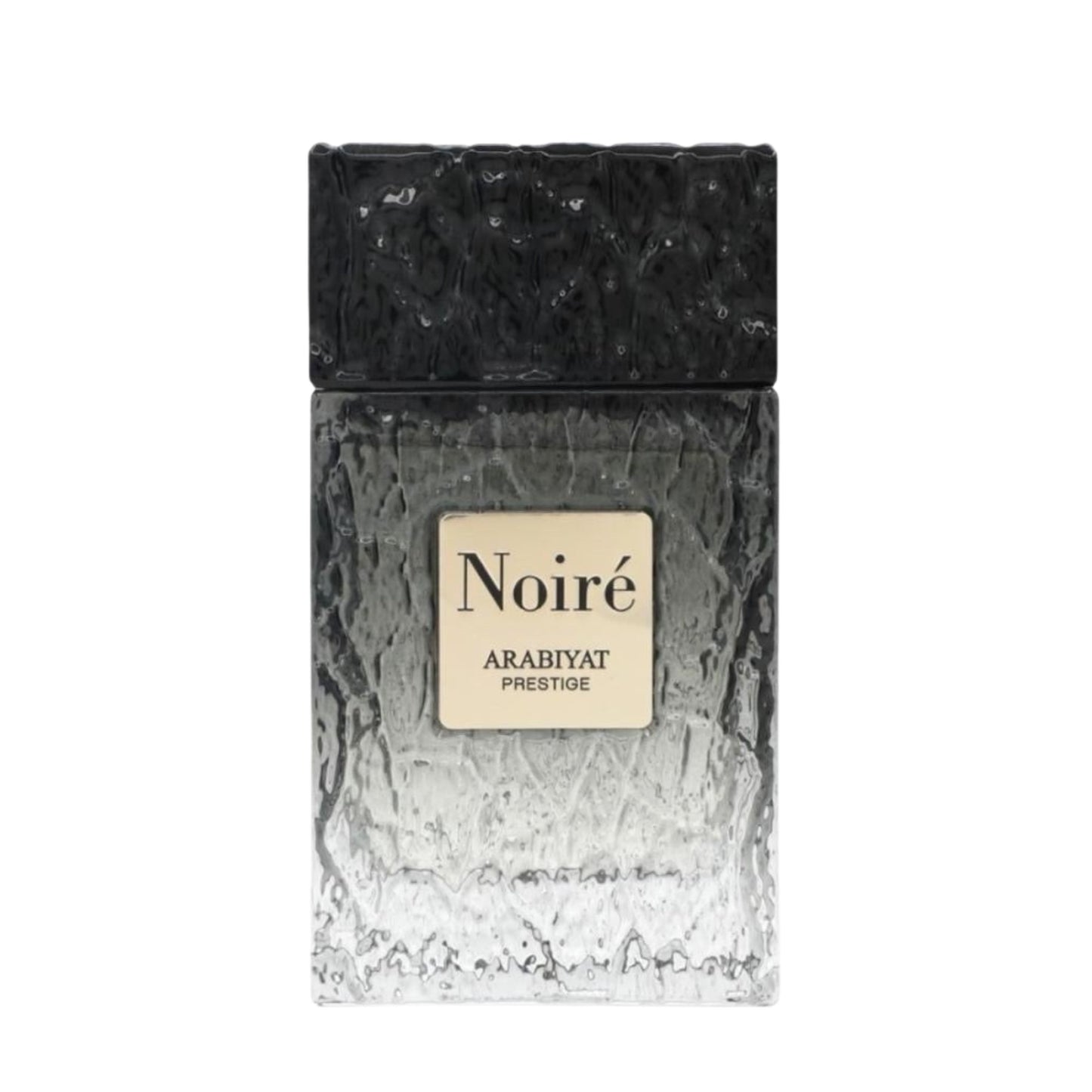 A rectangular perfume bottle labeled 'Noiré ARABIYAT PRESTIGE' with a textured black cap and a frosted glass body that fades from dark gray to white, shown on a plain white background.
