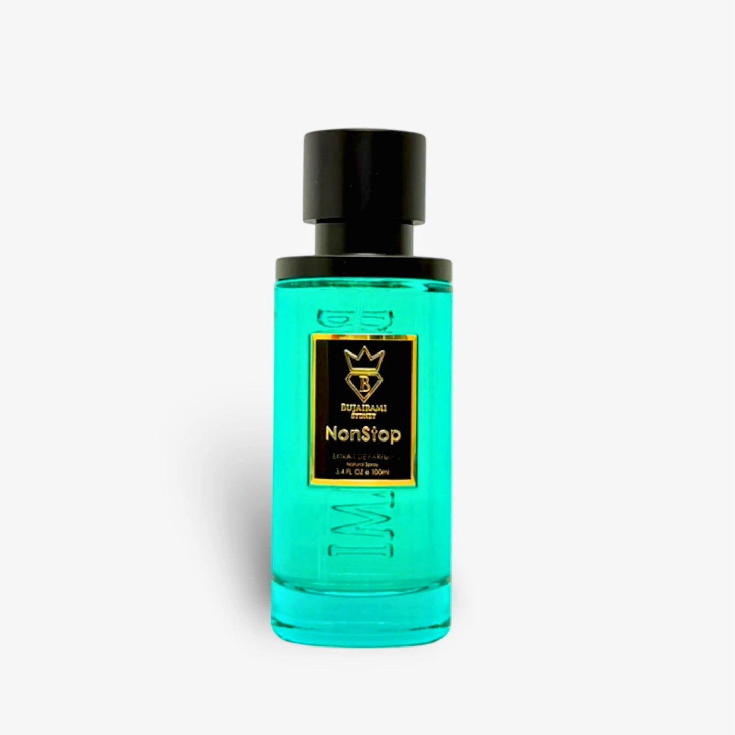 Non Stop perfume bottle with black cap on a white background