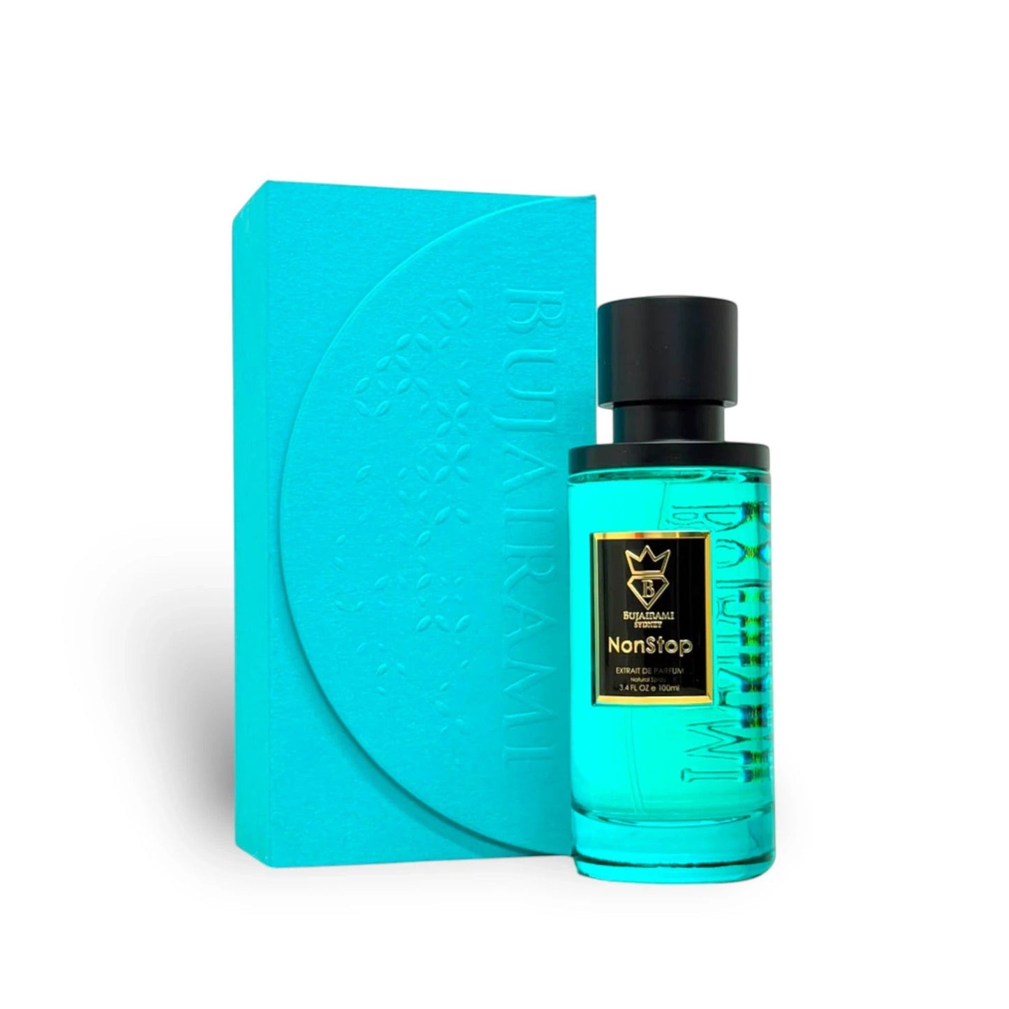 Blue bottle of Nonstop perfume with a matching turquoise box on a white background