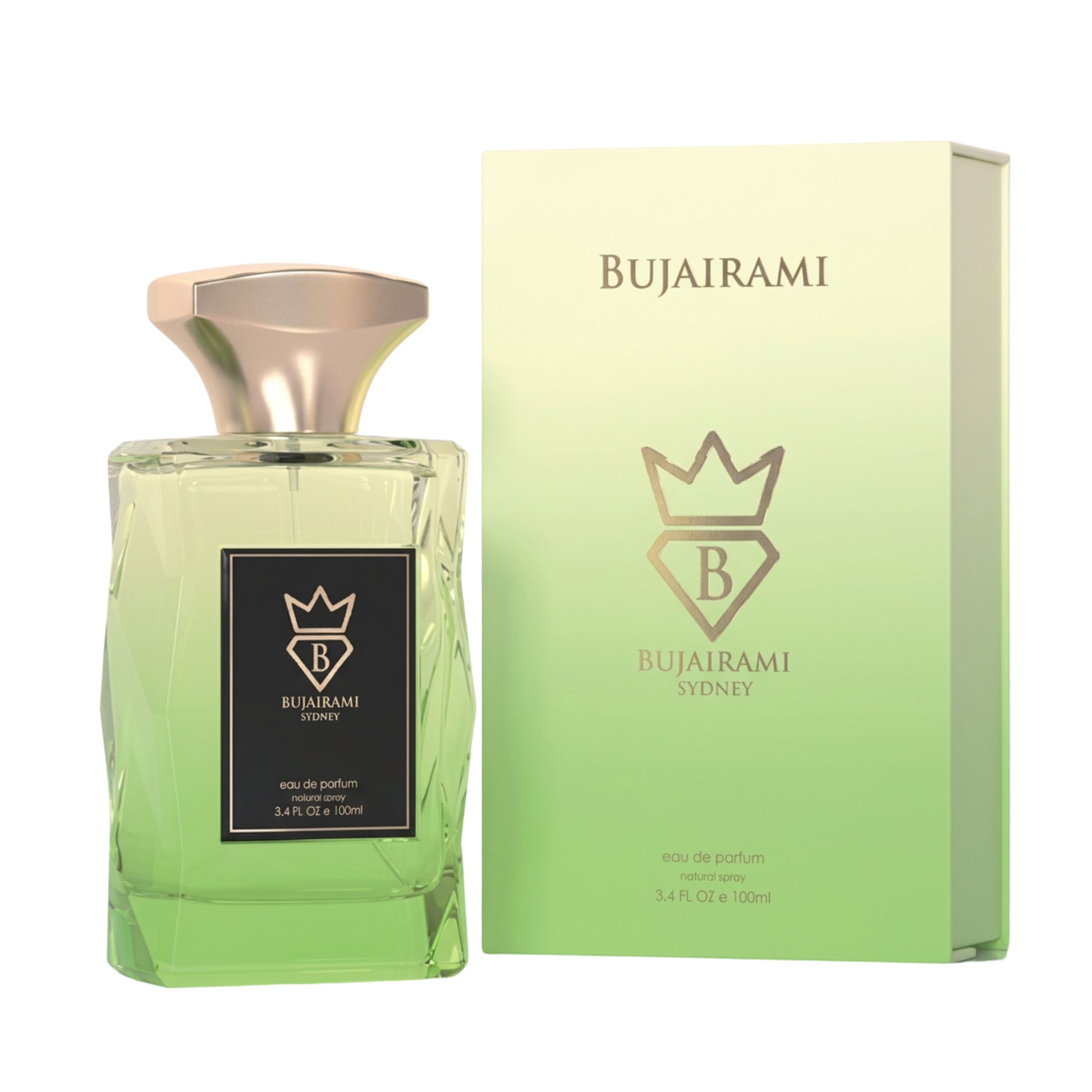 Bujairami Sydney Honey Eau de Parfum bottle with a faceted green glass body and a metallic rose gold cap, shown next to its matching green gradient box on a white background.