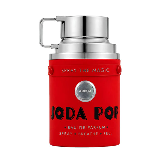 Red Armaf Soda Pop perfume bottle with silver cap on a white background