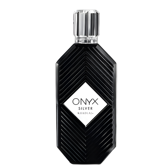 Onyx Silver 100ml EDP by Khadlaj, featuring a black textured glass bottle with diagonal ridged detailing, a silver faceted cap