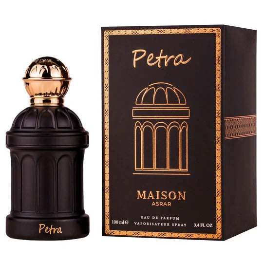 Petra Maison Asrar perfume bottle and packaging on a white background