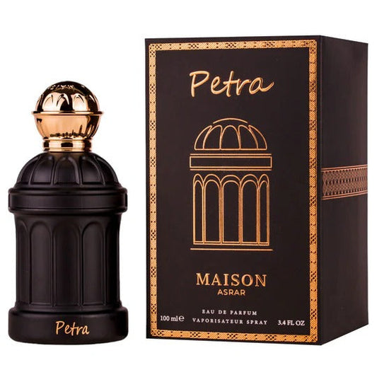 Petra Maison Asrar perfume bottle and packaging on a white background