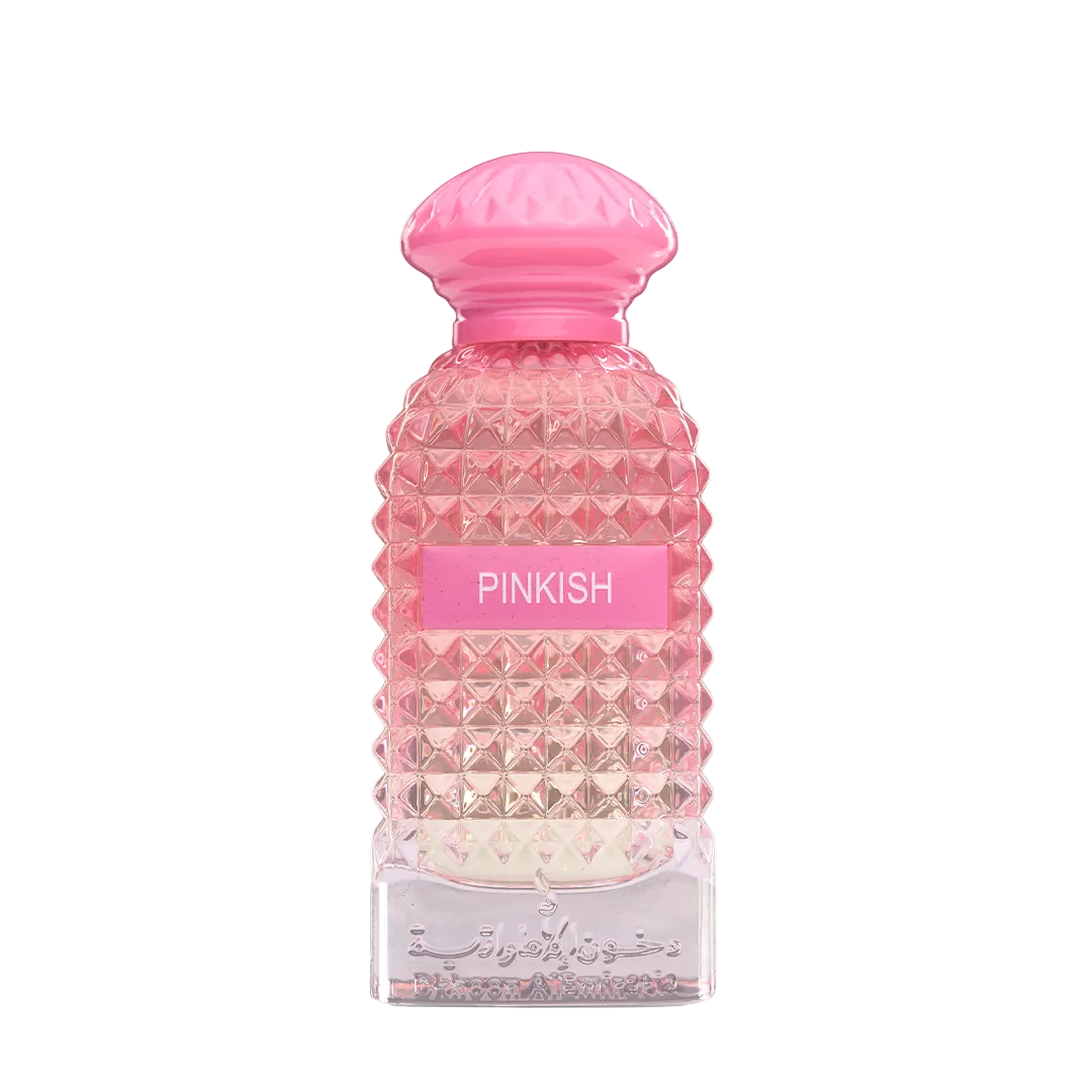 Pinkish Perfume bottle with a textured diamond-patterned body, a pink cap, and a pink label reading 'PINKISH' on a white background.