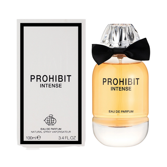 Prohibit Intense Eau de Parfum bottle with a black bow and clear cap next to its white and black packaging box on a white background.