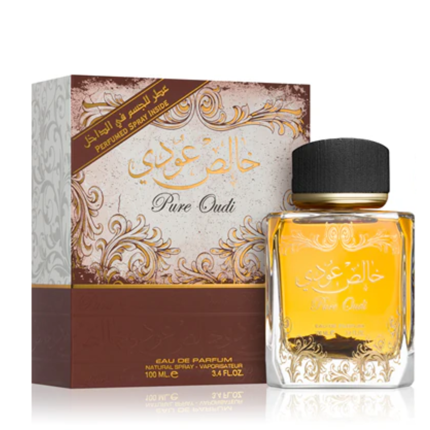 Perfume bottle and packaging of 'Pure Oud' on a white background