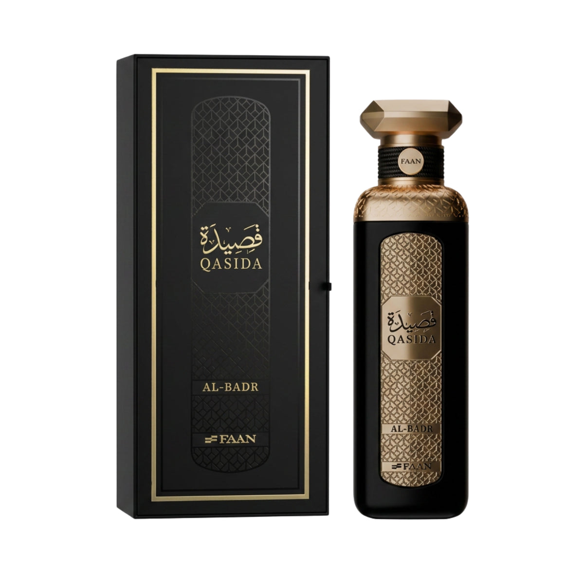 A bottle of FAAN Qasida Al-Badr perfume next to its black and gold packaging box, set against a plain white background.