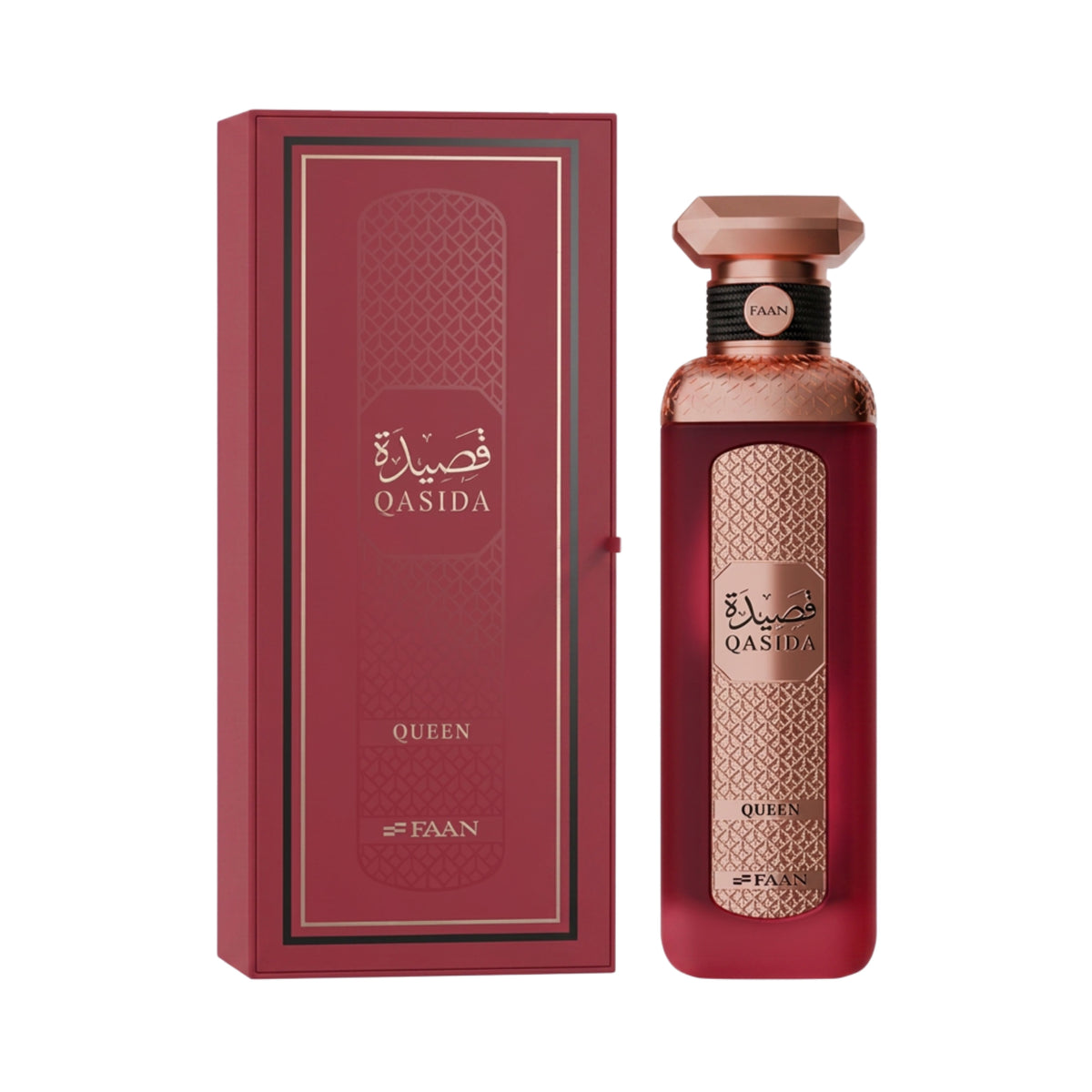 Red perfume bottle and packaging with 'Qasida queen perfume' branding on a white background