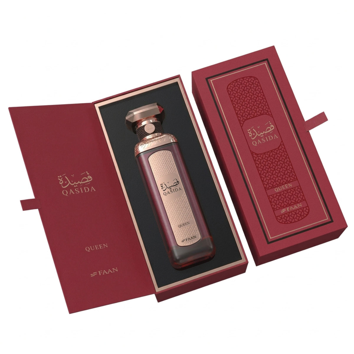 A bottle of Qasida Queen perfume by Faan, presented inside an open deep red gift box alongside its closed outer packaging, on a solid white background.