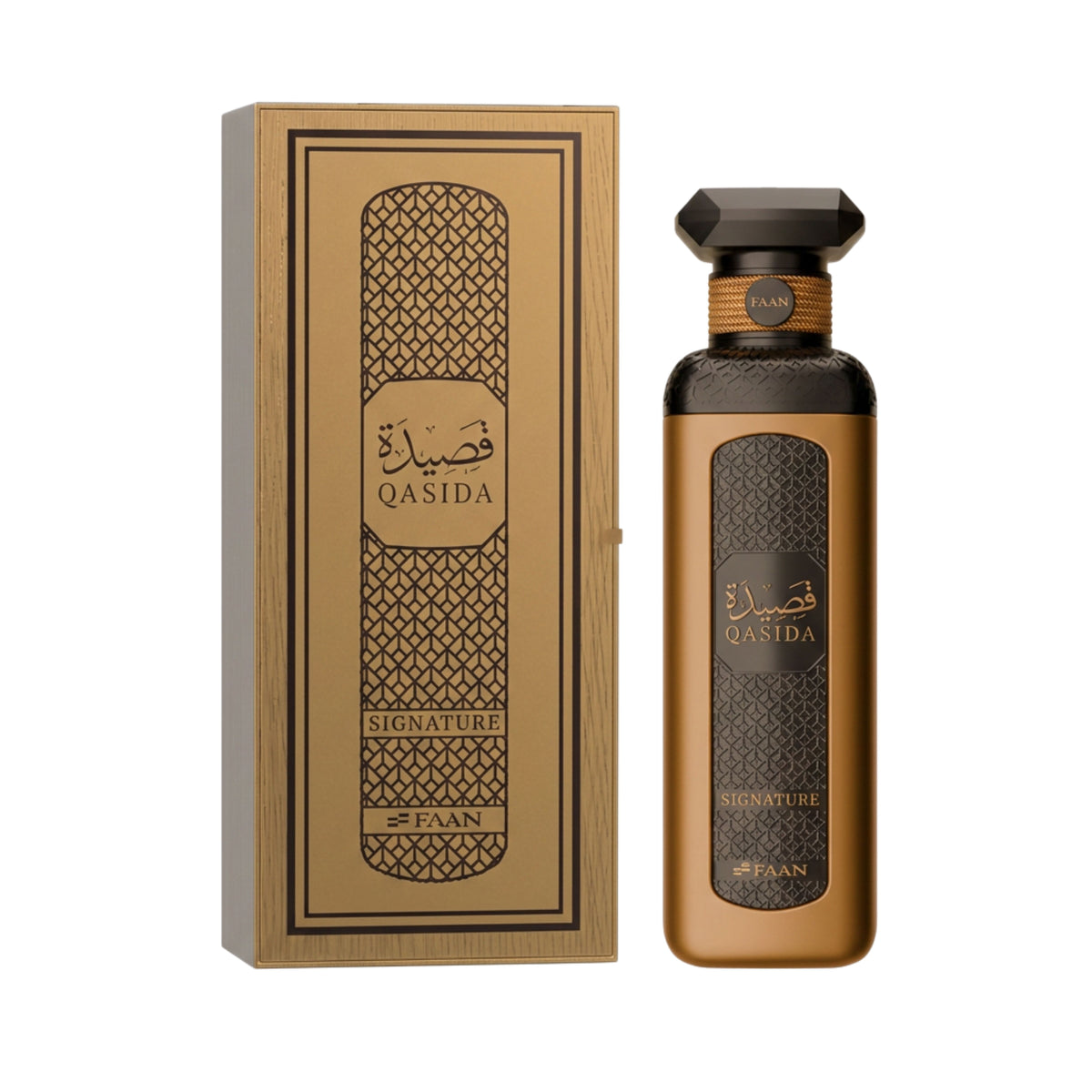 A bottle of FAAN Qasida Signature perfume next to its matching rectangular box, both in a metallic gold and dark brown color scheme with intricate geometric patterns.