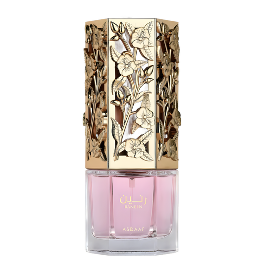 Raneen 100ml EDP by Asdaaf – pink perfume bottle with ornate gold floral cap design