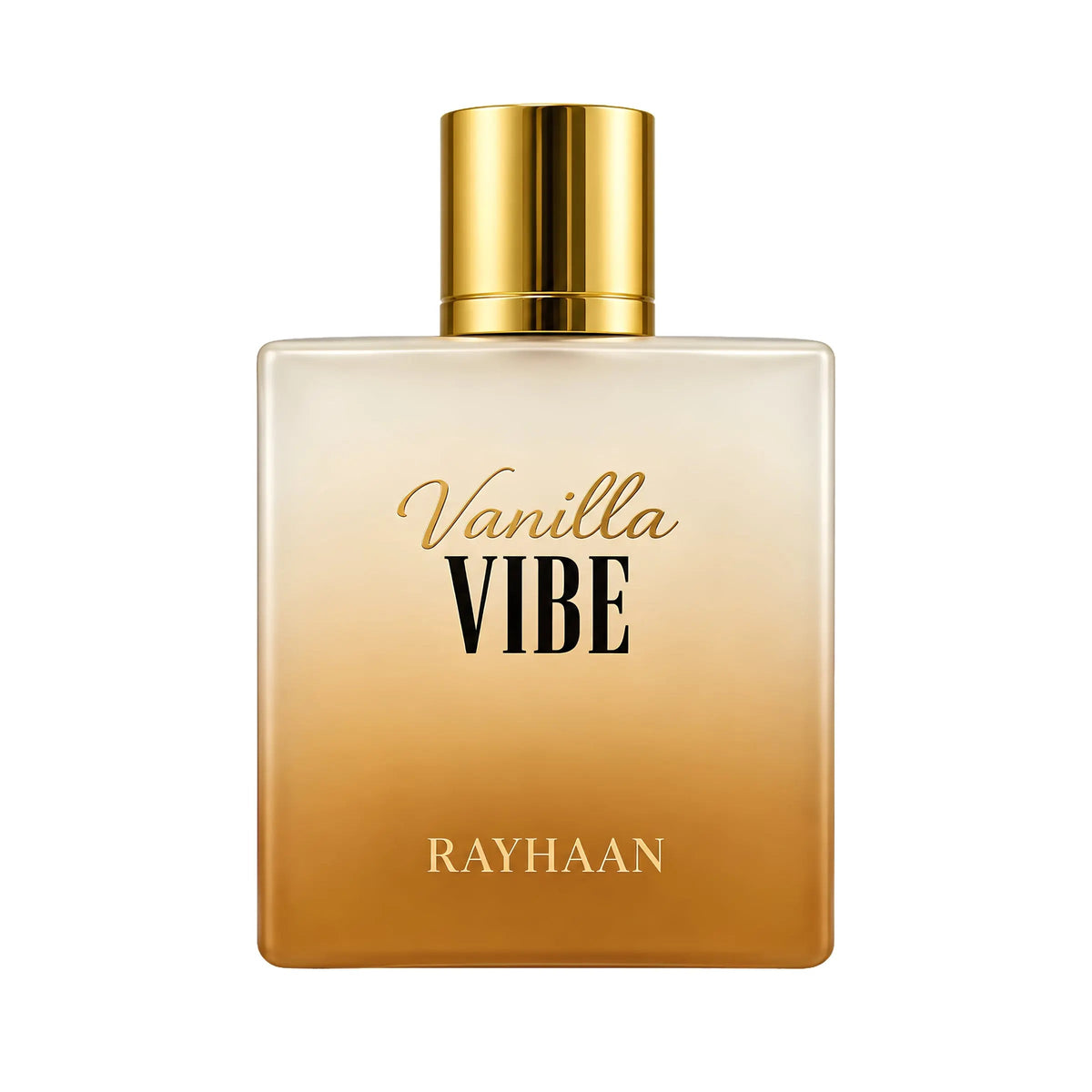 Rayhaan Vanilla Vibe perfume bottle with a gold gradient design and a shiny gold cap, set against a plain white background.