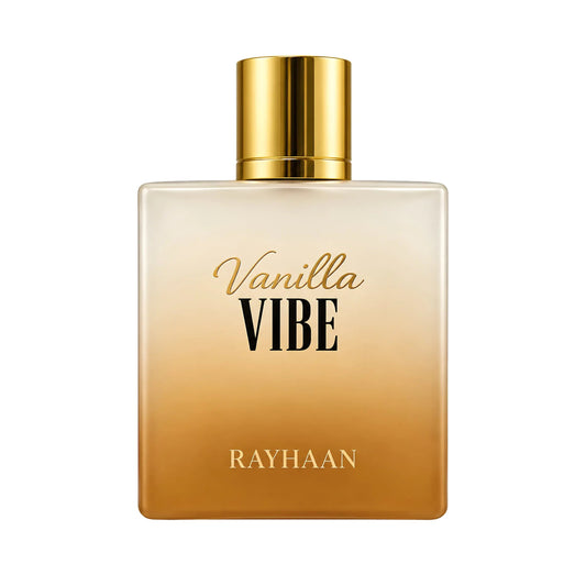 Rayhaan Vanilla Vibe perfume bottle with a gold gradient design and a shiny gold cap, set against a plain white background.