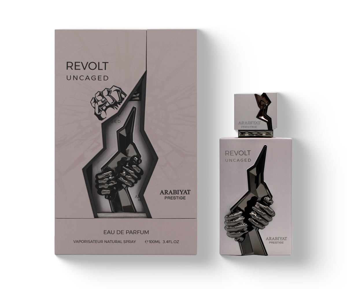 Revolt Uncaged Eau de Parfum by Arabiyat Perfume, shown with its outer packaging box and the perfume bottle on a clean white background.