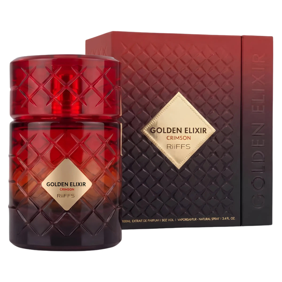 Riiffs Golden Elixir Crimson Extrait De Parfum 100ml fragrance bottle and packaging box on Beevora UK
