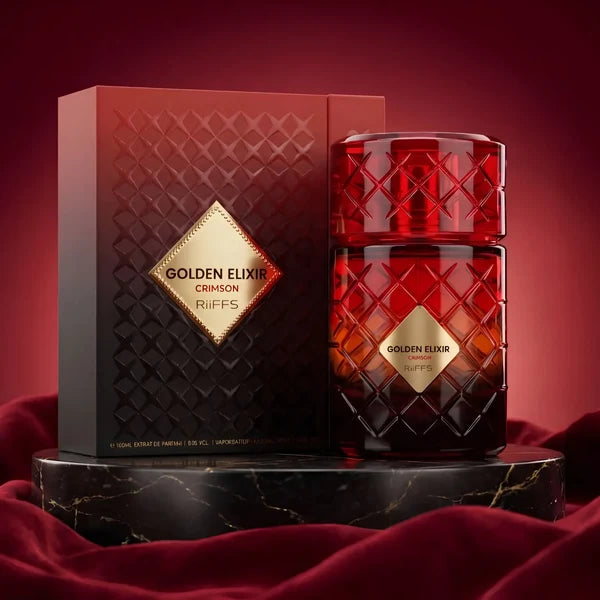 Riiffs Golden Elixir Crimson Extrait De Parfum 100ml luxury perfume bottle and box display on Beevora UK
