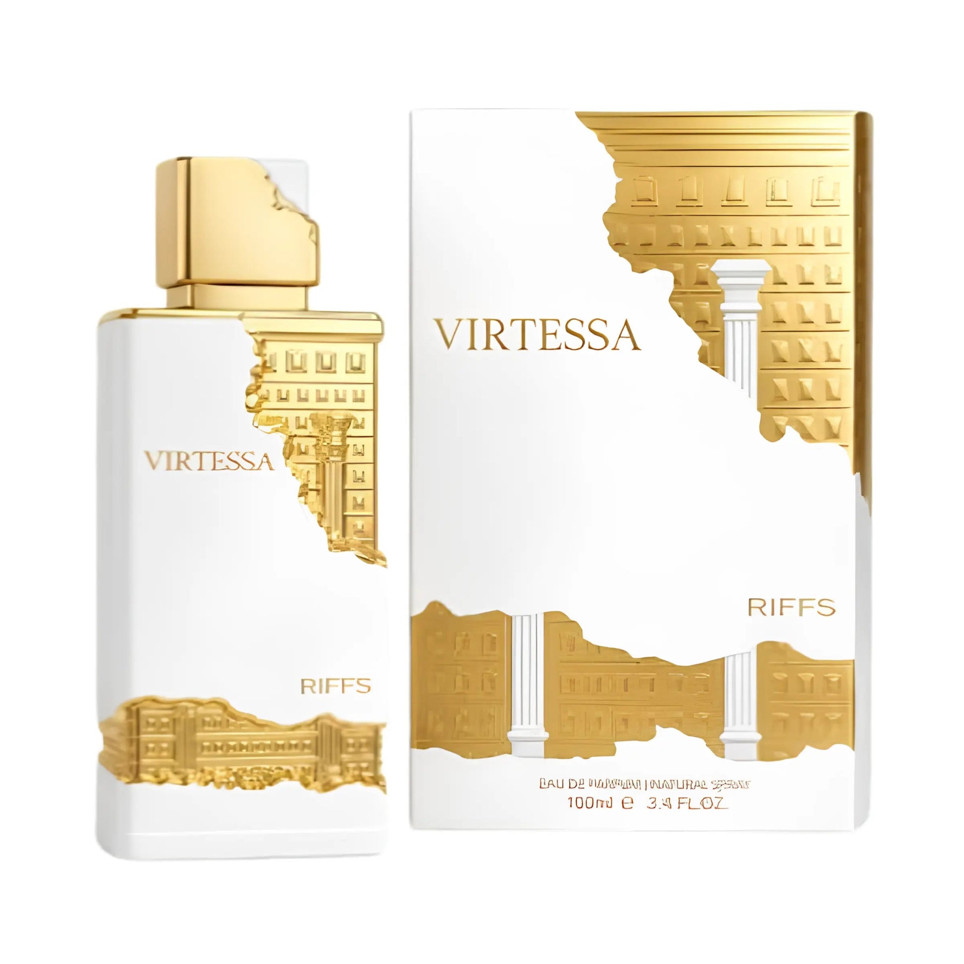 Virtessa Riffs Eau de Parfum bottle and its matching box, both decorated with a white background and a gold classical building illustration.