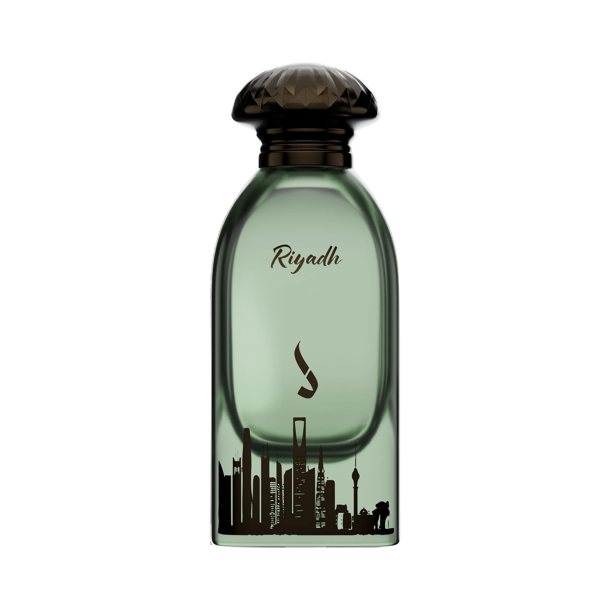 A bottle of Riyadh perfume with a translucent green glass body, a dark brown textured cap, and a black silhouette of the Riyadh skyline printed on the front.