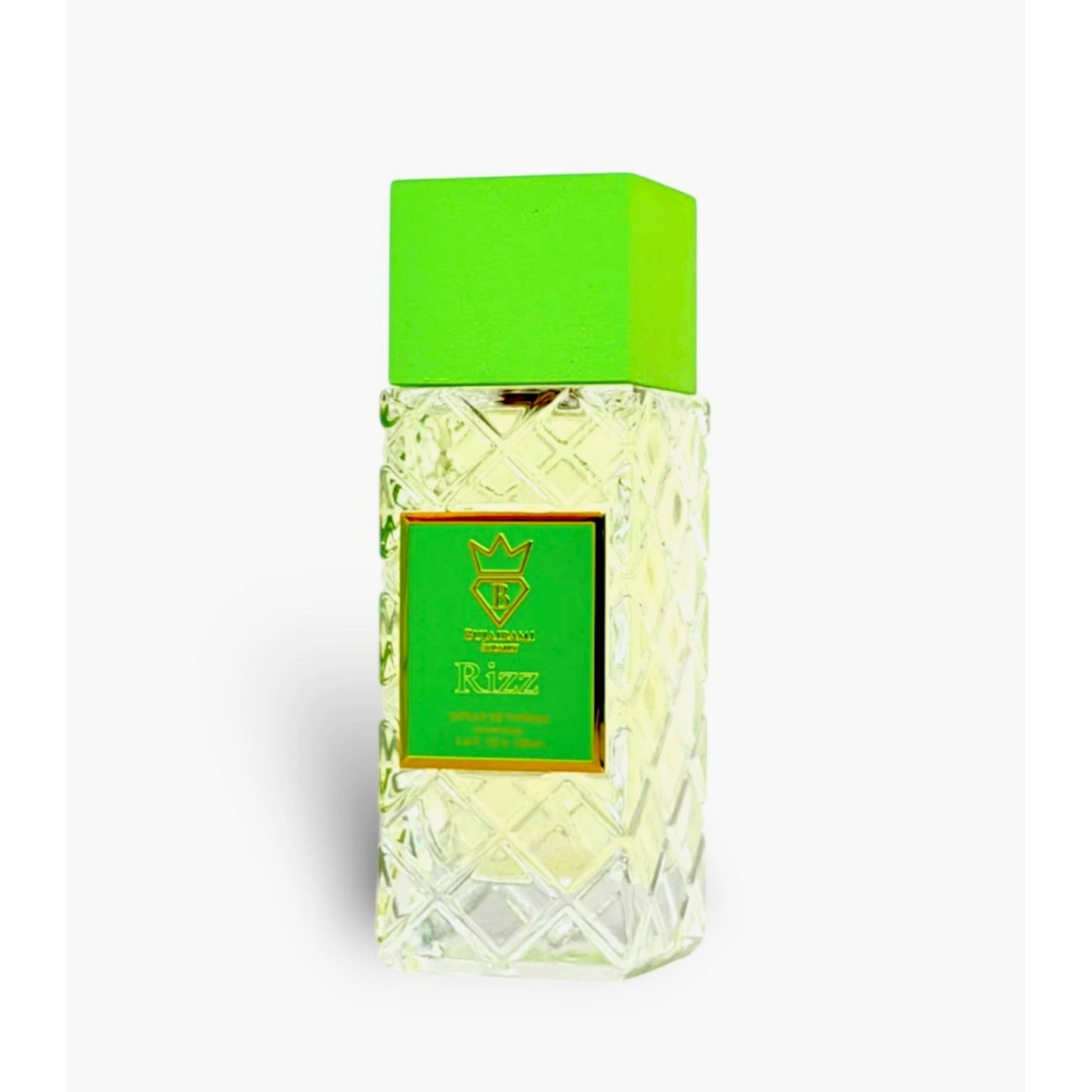 Rizz Perfume bottle with green cap and label on a white background