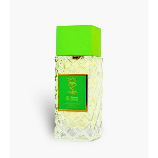 Rizz Perfume bottle with green cap and label on a white background