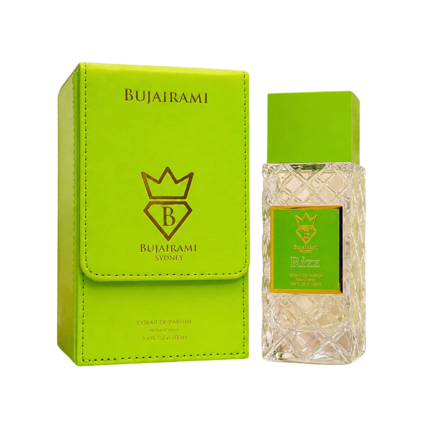 Bujairami Rizz Perfume bottle and packaging on a white background
