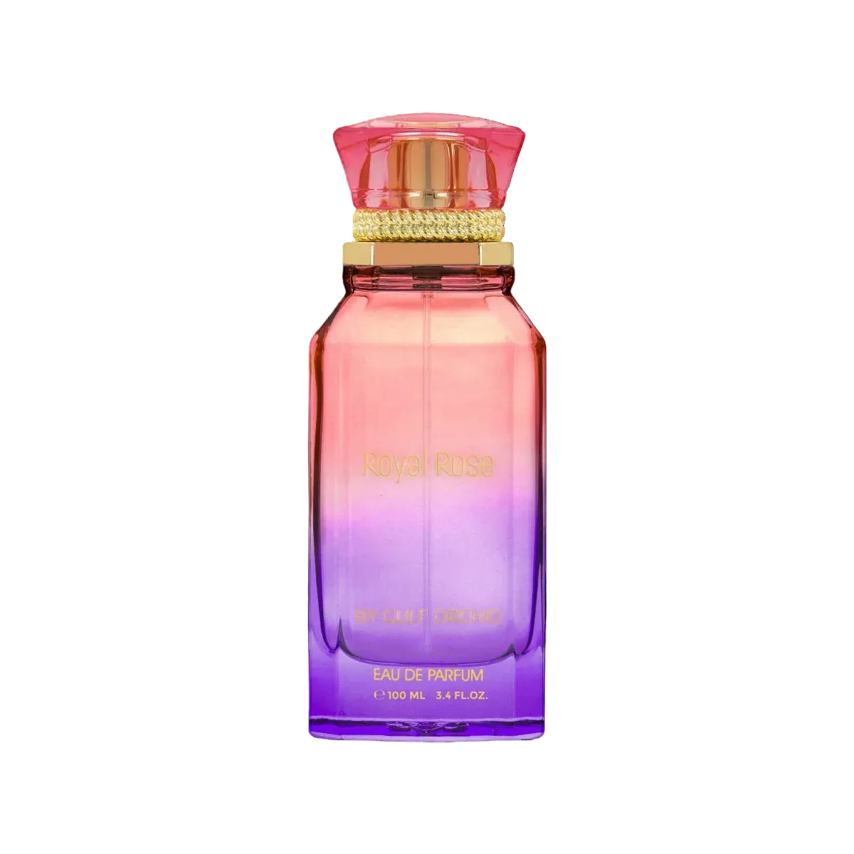 Royal Rose Perfume bottle with gradient pink to purple design on a white background