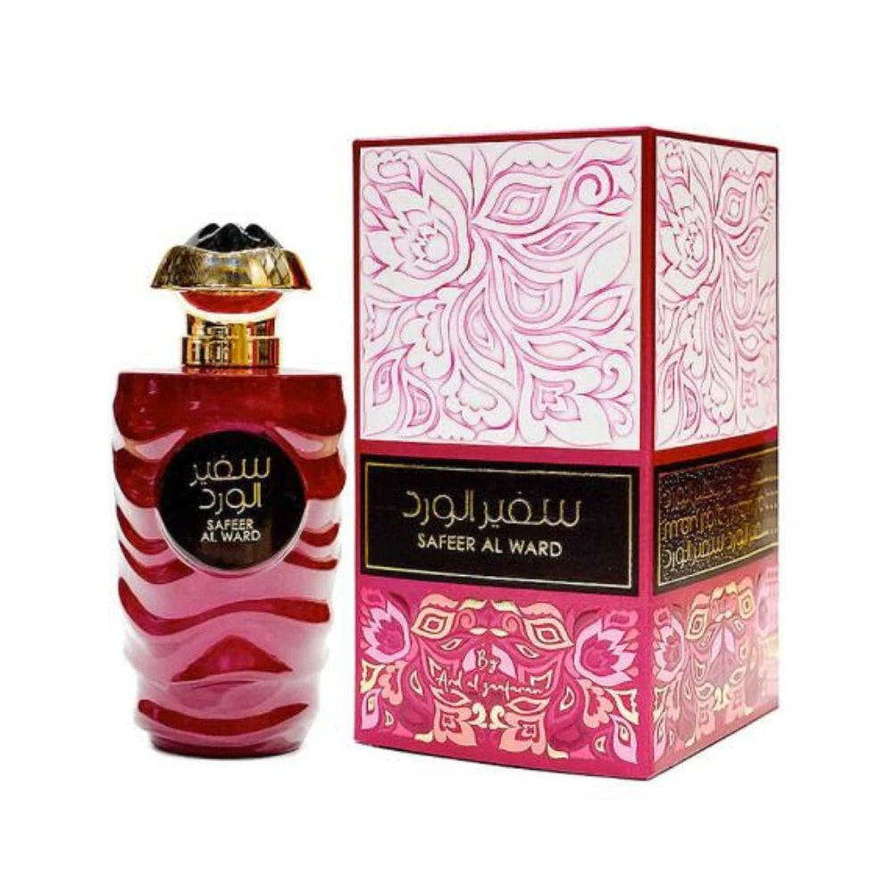 Safeer Al Ward Perfume bottle and packaging with intricate designs on a white background