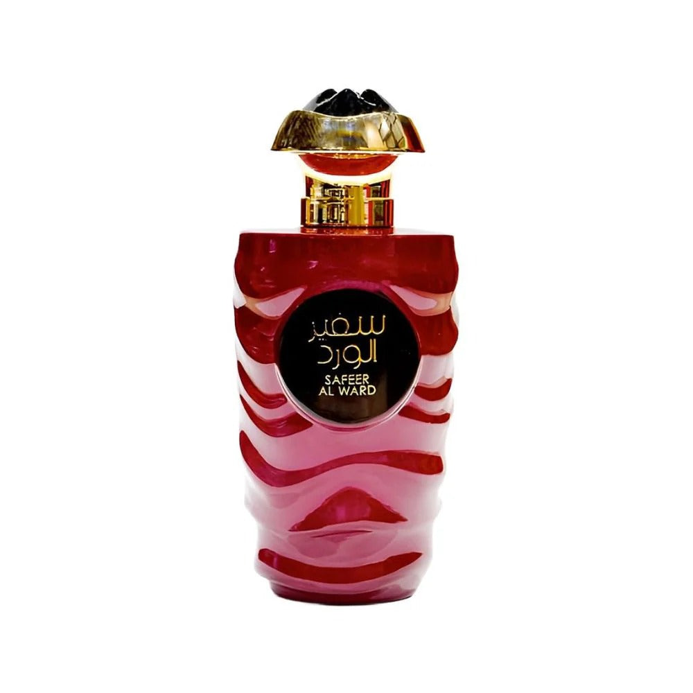 Safeer Al Ward Perfume bottle with red and gold design on a white background