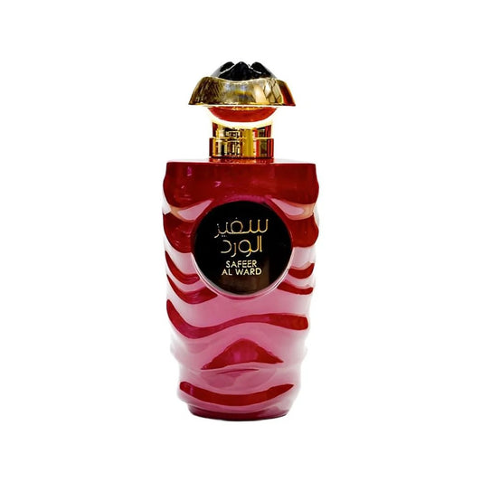 Safeer Al Ward Perfume bottle with red and gold design on a white background