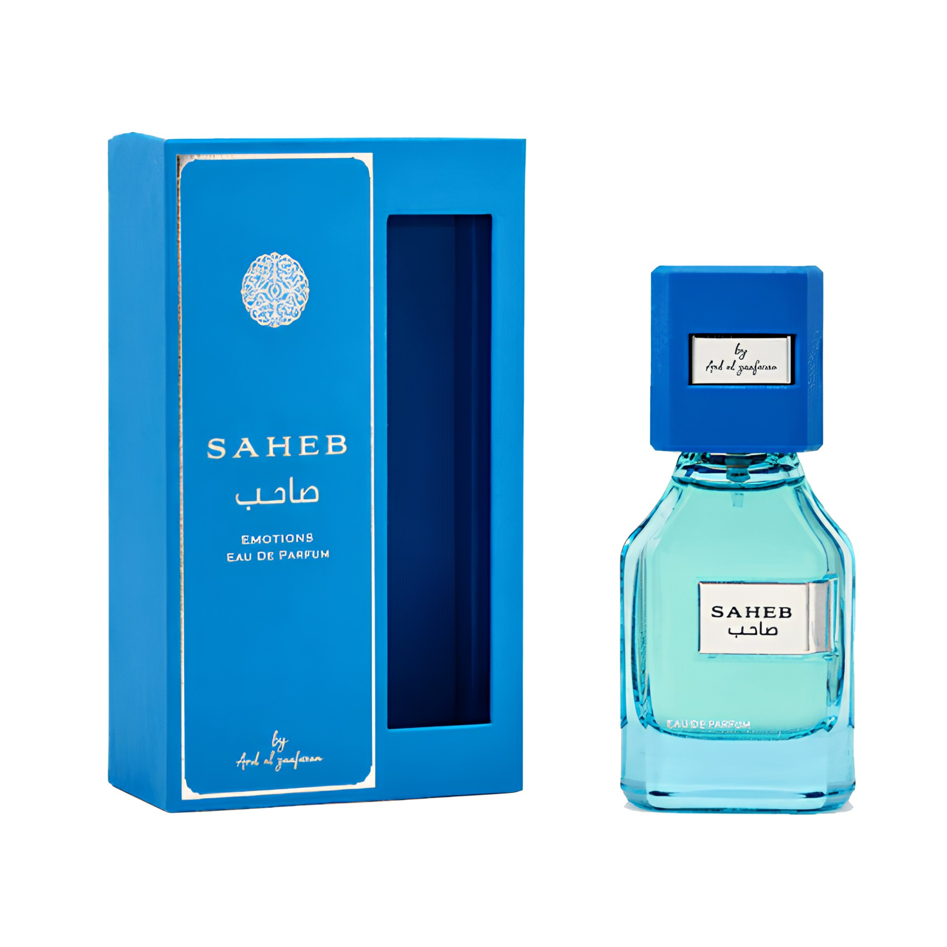 Saheb perfume bottle and packaging on a white background