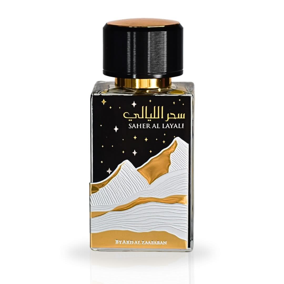 Saher Al Layali Perfume bottle with black cap and mountain design on a white background