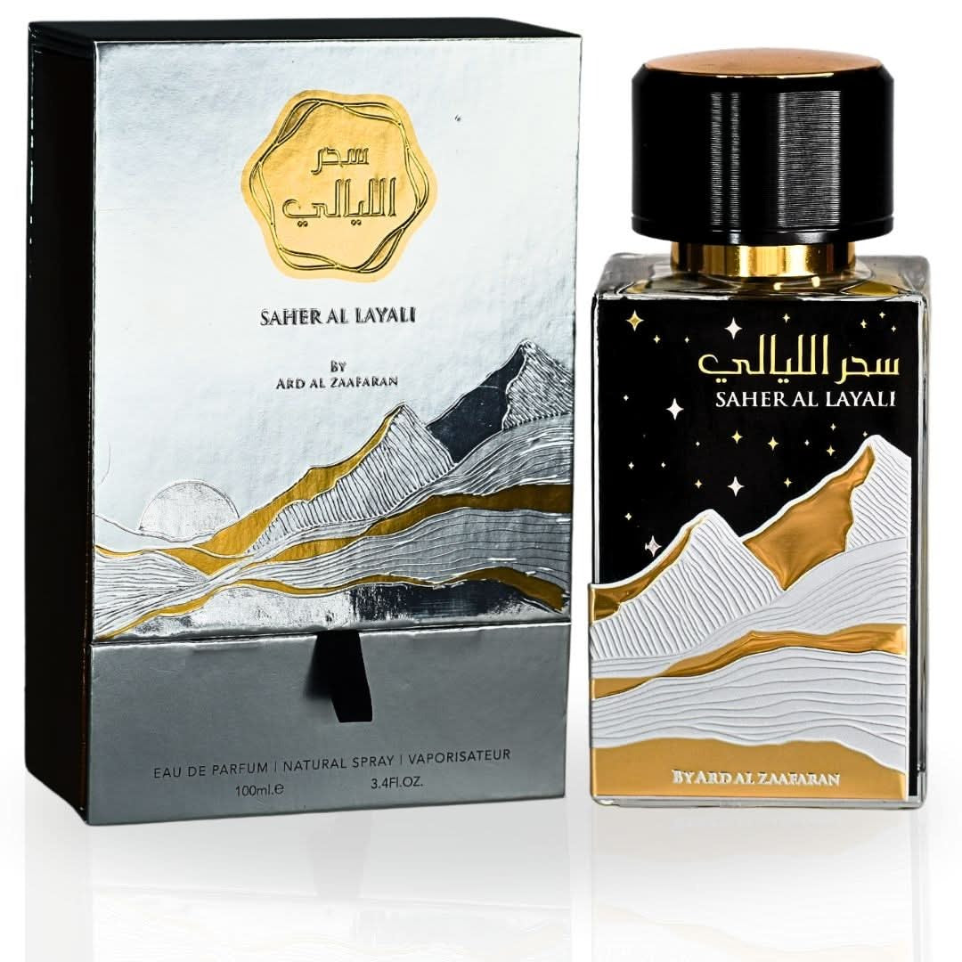 Saher Al Layali perfume bottle and packaging with mountain design