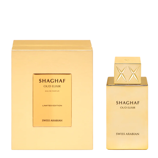 Shaghaf Oud Elixir Limited Edition 100ml EDP by Swiss Arabian gold bottle and box