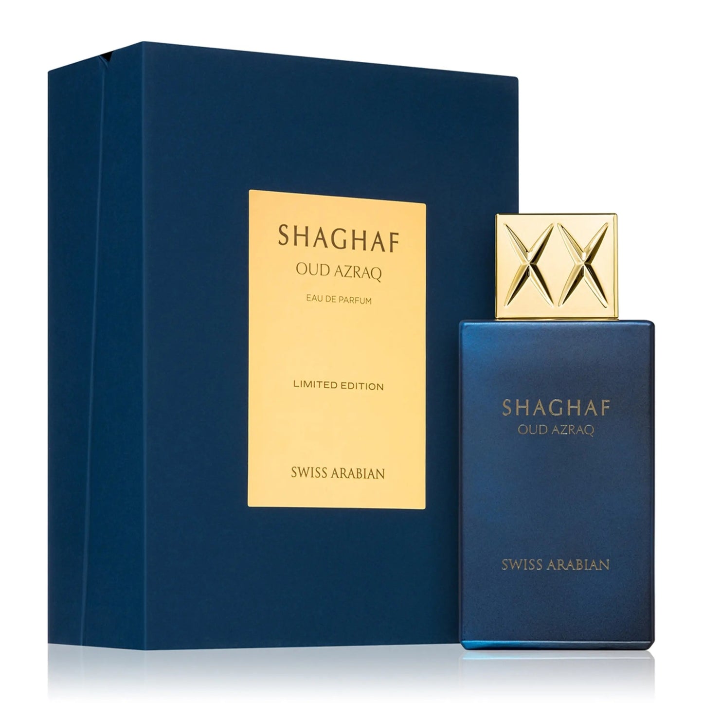 Shaghaf Oud Azraq perfume bottle and packaging on a white background