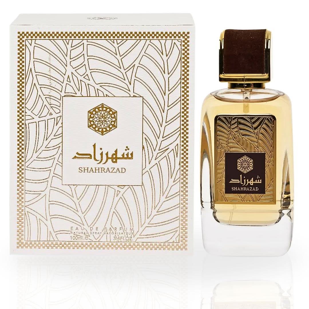 Shahrazad perfume bottle and packaging on a white background